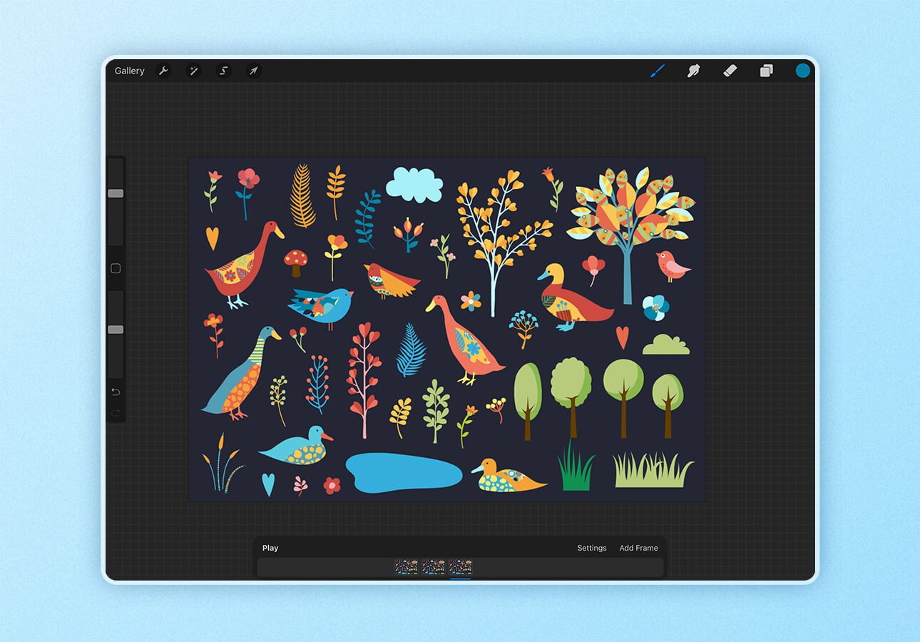 An image showing trees, birds, and flowers drawn in Procreate.